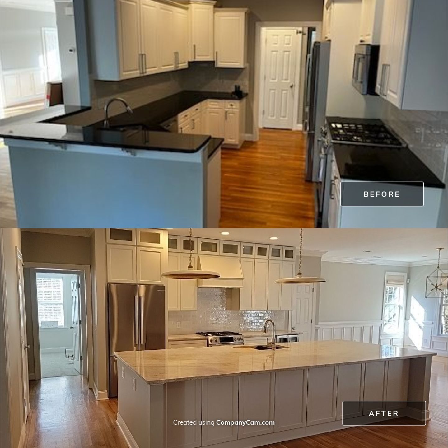 A kitchen before the remodel, and the same kitchen after with a new island and cabinets
