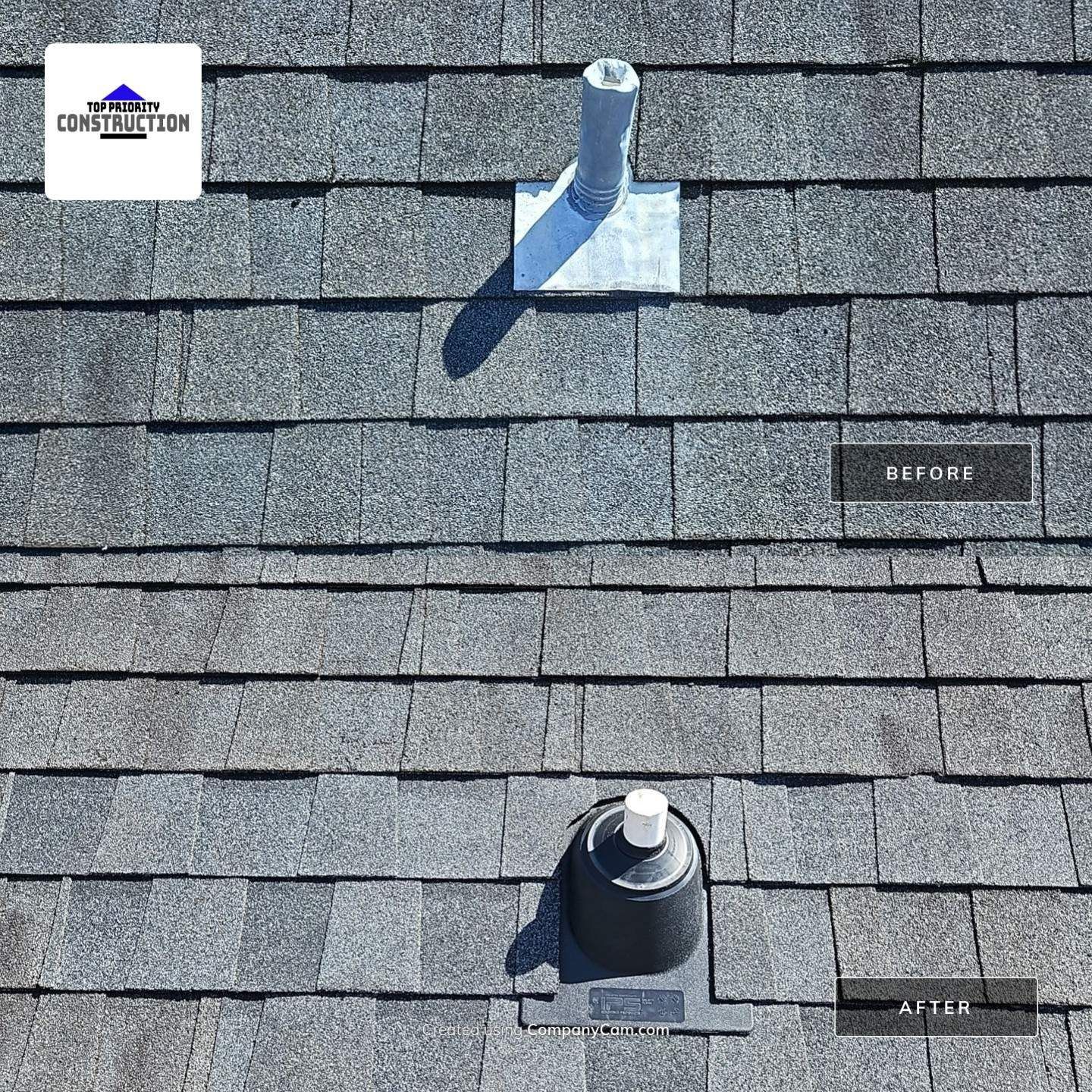 A cracked pipe boot on a shingle roof, and the new boot after the repair